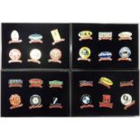A collection of various car lapel badges including Maserati, Lotus, Cooper, etc.