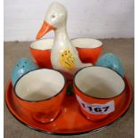 A Crown Devon egg cup and cruet set - duck design