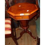 A 16" Victorian mahogany trumpet work table with fitted interior, set on faceted tapered pillar
