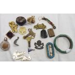 A bag of collectable items including cut glass scent bottle, malachite bangle, turquoise bead set