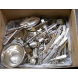 A box containing a quantity of loose silver plated cutlery including mother-of-pearl handled dessert