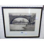 Stewart Robertson: a framed etching depicting a river, bridge and city - signed in pencil
