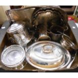 A quantity of silver plated items including gallery tray, ornate biscuit barrel, coasters, entree
