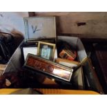 A box containing a quantity of collectables including Japanese lacquered jewellery box, tins, clock,