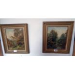 Clarence E. Roe: a pair of gilt and hessian framed oil paintings on wood panels, one inscribed to