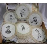 A box containing a quantity of linen and lace including early 20th Century hand painted humorous dog