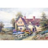 Harold Lawes: a framed watercolour, depicting a summer garden with farmhouse and figure on a
