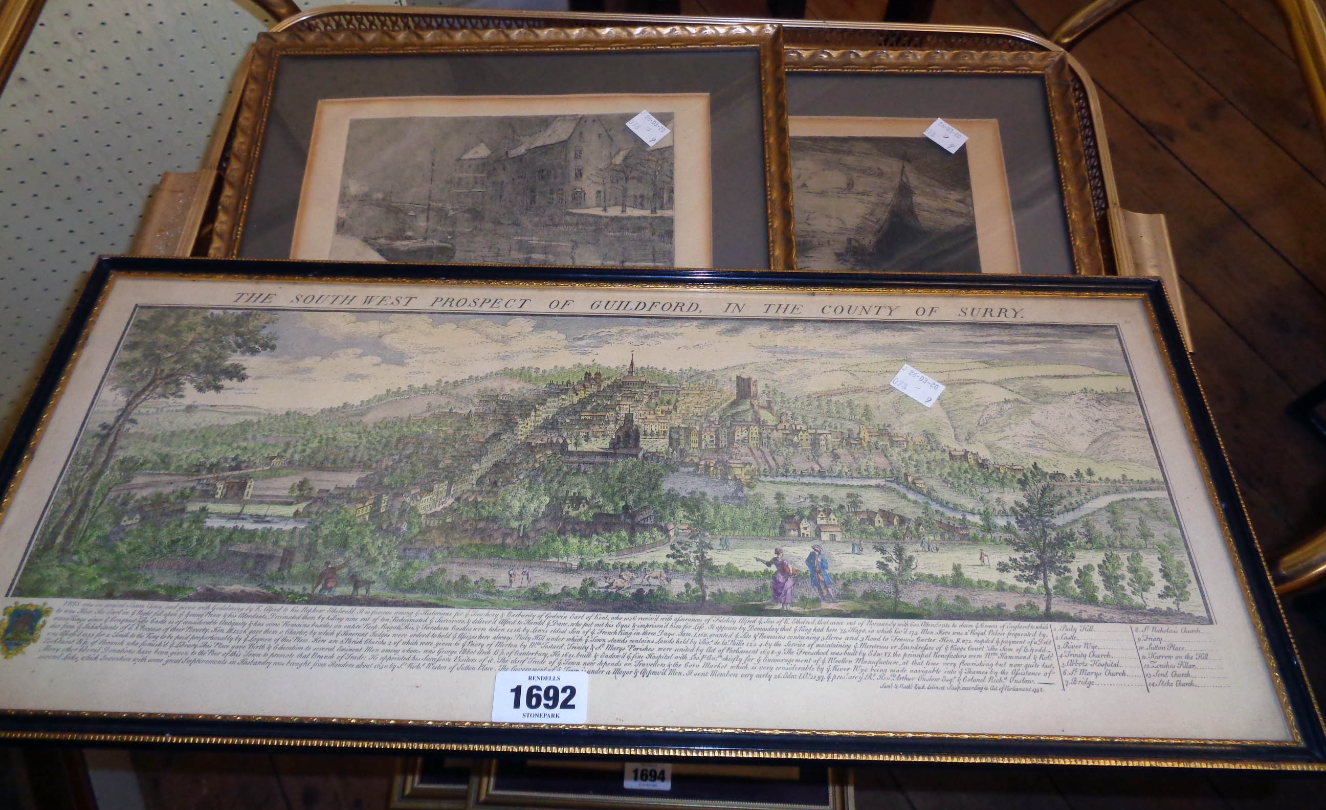 A Hogarth framed antique coloured print depicting a view of the South West Prospect of Guildford, in