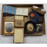 A box of assorted collectables including ambrotype card case, pince nez, leather and embroidered