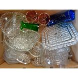 A box containing assorted glassware including pressed glass cake stand, pair of Venetian goblets,
