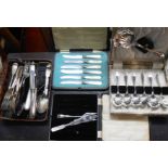 Cased and part sets of silver plated cutlery including six fruit knives with silver collars and