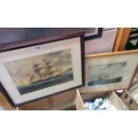 Three framed coloured maritime prints - sold with a wall mirror