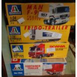 Four Italeri 1:24 model kits comprising Man F-90 Truck Master, Frigo-Trailer, and a container