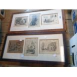 A pair of oak framed triple image etchings, all depicting architectural images - various artists