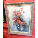 A gilt and hessian framed oil on canvas still life with jug of roses - signed