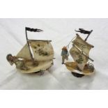 Two old shell sailing boat souvenirs with bisque figures, one for Jerusalem