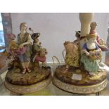 A pair of Meissen style continental figure group table lamps - both with broken stems, one with