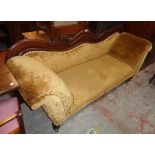 A 7' 19th Century mahogany part show frame settee with decorative top rail, scroll ends and