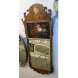 A 19th Century mahogany fret-cut wall mirror with gilt shell motif to top, painted still life with