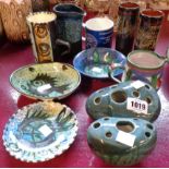 Ten pieces of Cornish craft pottery including Celtic Folk and Medallion, Tremain pebble vases,
