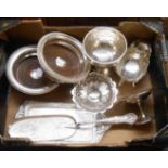 A pair of silver plated wine coasters, two bon-bon dishes and Celtic design chalice, etc.