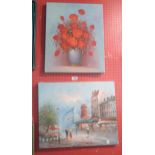 Two modern French oils on stretchered canvases, one depicting the Moulin Rouge, the other a still