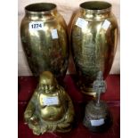 A pair of brass vases - sold with a brass Hotei figure and an Eastern brass bell