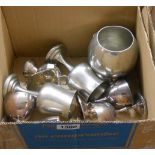 Four silver plated wine goblets, three pewter goblets, etc.