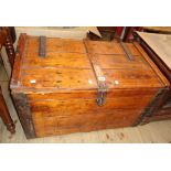 A 35" antique iron bound transit case with lining, heavy hinges and flanking handles (Plymouth