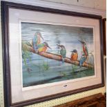 Dorothea Hyde: a framed limited edition coloured print, depicting perching kingfishers - signed in