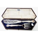 A cased pair of Victorian ornate silver plated fish servers with pierced and embossed decoration,
