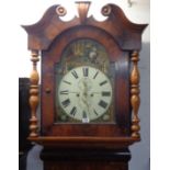 A 19th Century flame mahogany North East Country longcase clock, the 14" painted arch dial marked
