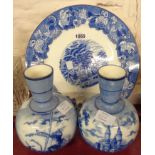 A pair of Grimwades Delph pattern blue and white vases and a Woods Ware English Scenery blue and