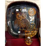 A large John Pollex studio pottery slipware dish with owl decoration and a Stuart Bass Exmoor