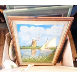 A box containing a quantity of decorative pictures and prints, some in ornate frames, including