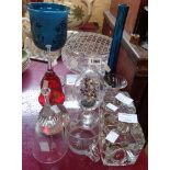 Assorted glassware including rose bowl, pair of candlesticks, paperweights, etc.