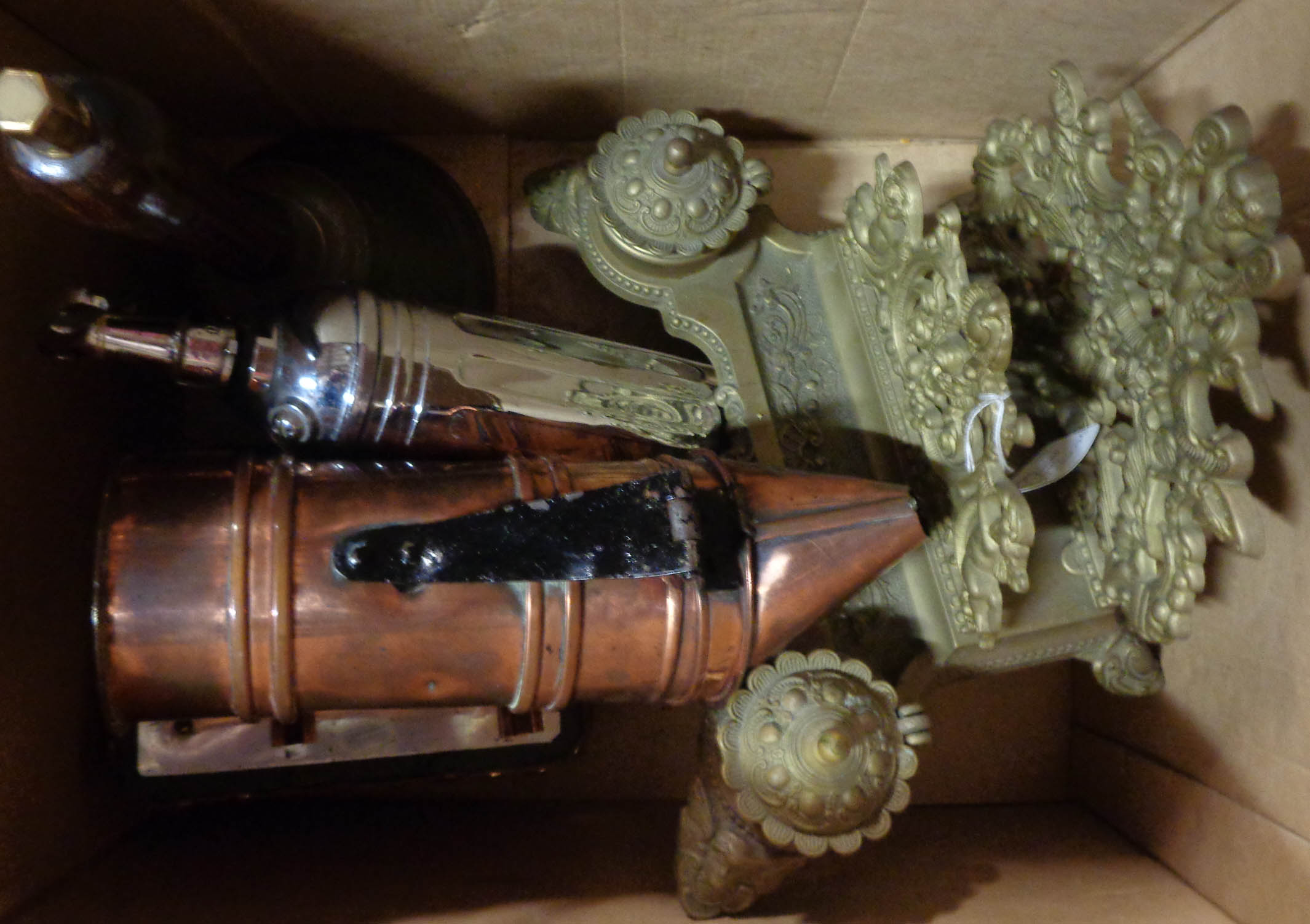 A box containing assorted metalware including decorative brass inkstand, vintage copper bee