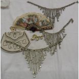 A heavy beadwork evening bag, fan, and assorted costume jewellery