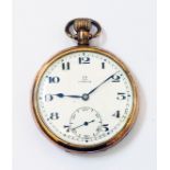 A vintage Omega gold plated cased pocket watch with white dial, seconds dial and Arabic numerals