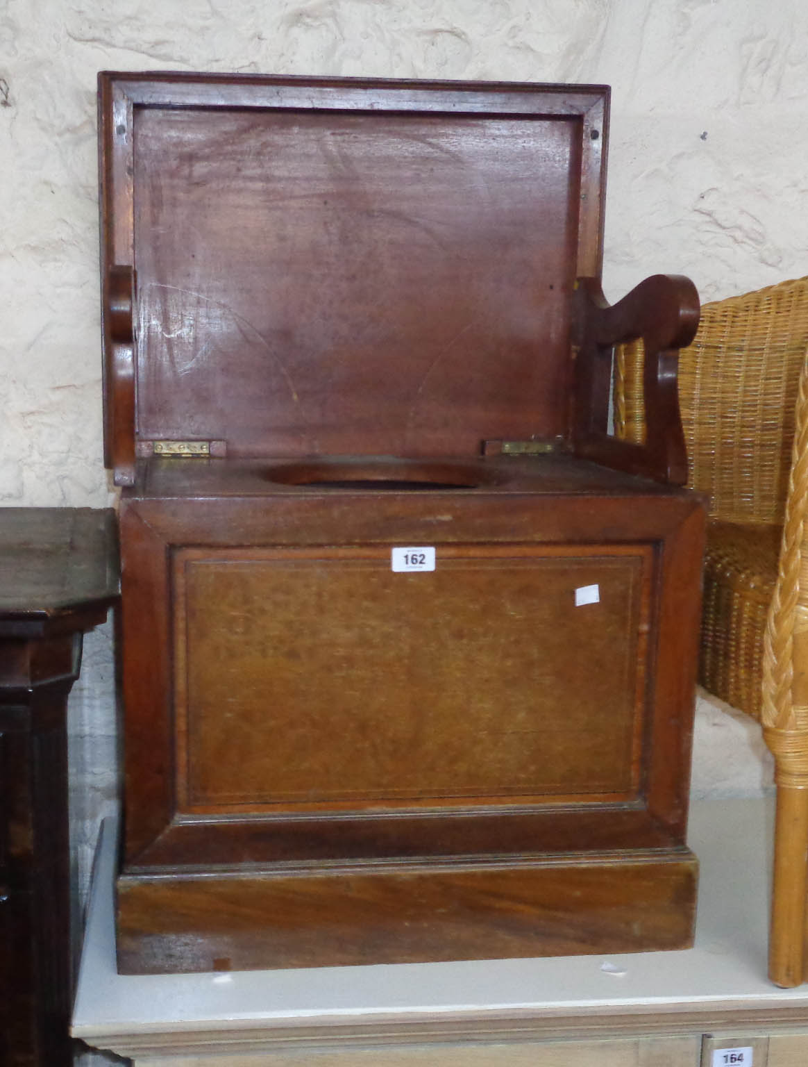 An Edwardian mahogany and strung lift-top box commode with folding armrests - Image 2 of 2
