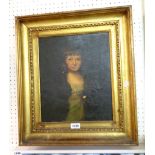 An antique gilt framed oil on canvas portrait of a young lady with - label verso - paint surface