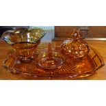 A small quantity of amber glassware including dressing table items, etc.