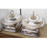 Two pairs of silver plated entree dishes comprising beaded oval with detachable handles and oblong