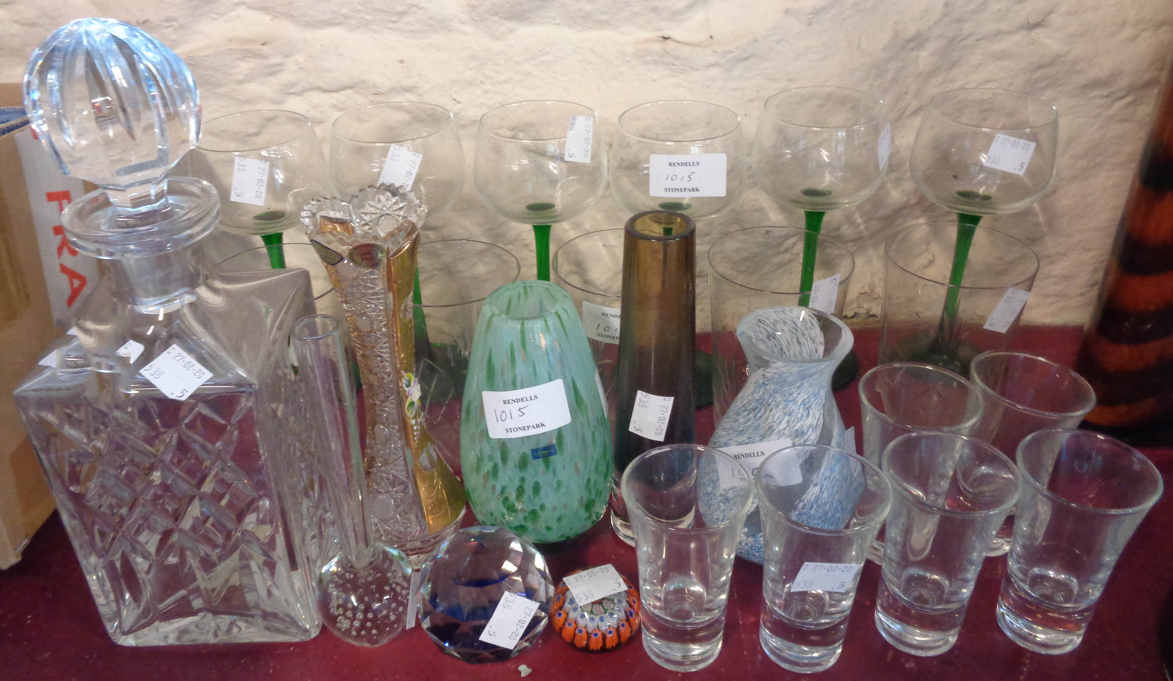 A glass decanter, three Caithness vases, Czech cut and gilt vase and assorted drinking vessels