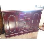 A 3' 9" reproduction painted mixed wood Spanish style dresser base with marble top, four central