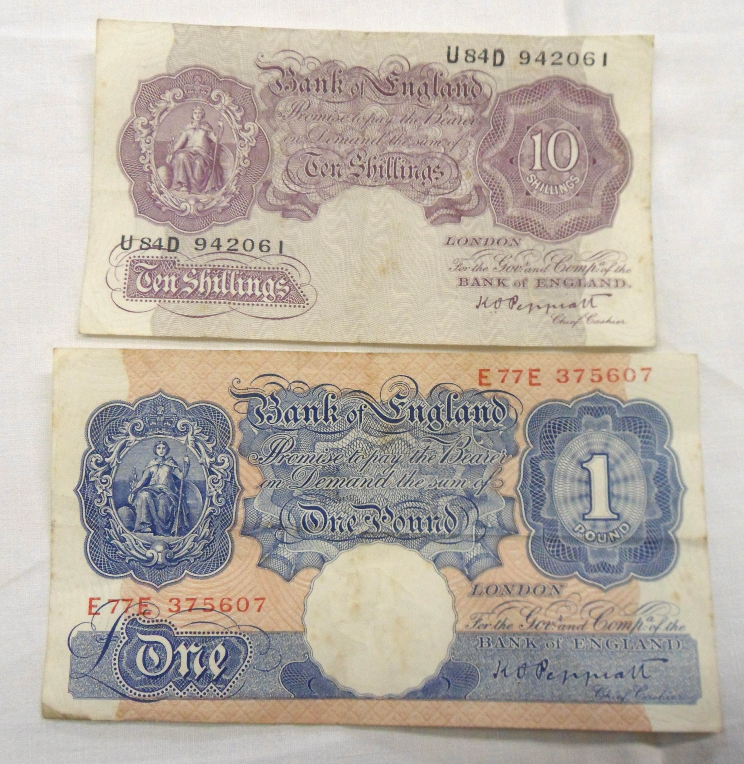 Two Peppiatt bank notes; £1 and Ten Shillings