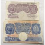 Two Peppiatt bank notes; £1 and Ten Shillings
