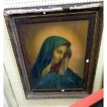 A gesso framed oil on canvas, portrait of the Madonna - paint surface damaged - relined