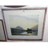 William Heaton Cooper: a framed coloured print depicting a lake with mountains in background -