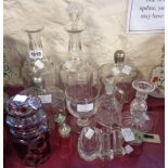 Fifteen pieces of glassware including 19th Century rummer, decanters, cranberry cruet, knife